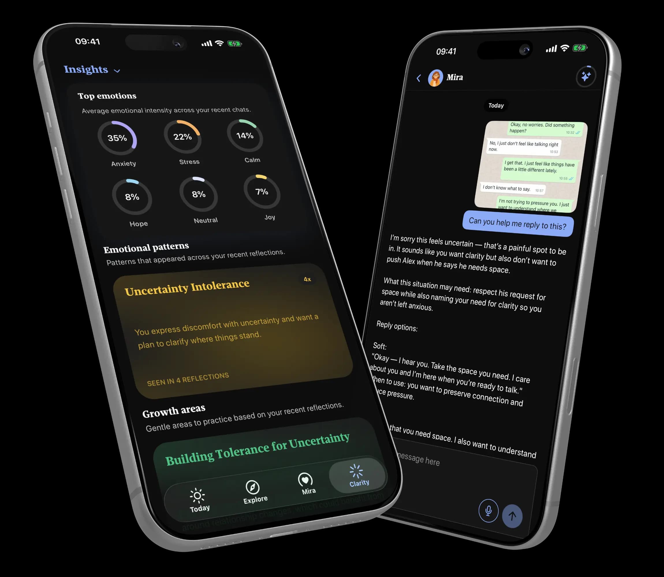 Lightly app mockup with chat, mood check-in, and daily reflection